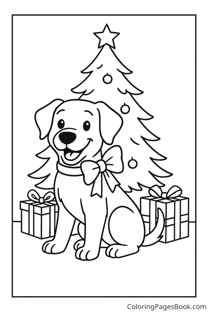 Dog sitting near Christmas Tree