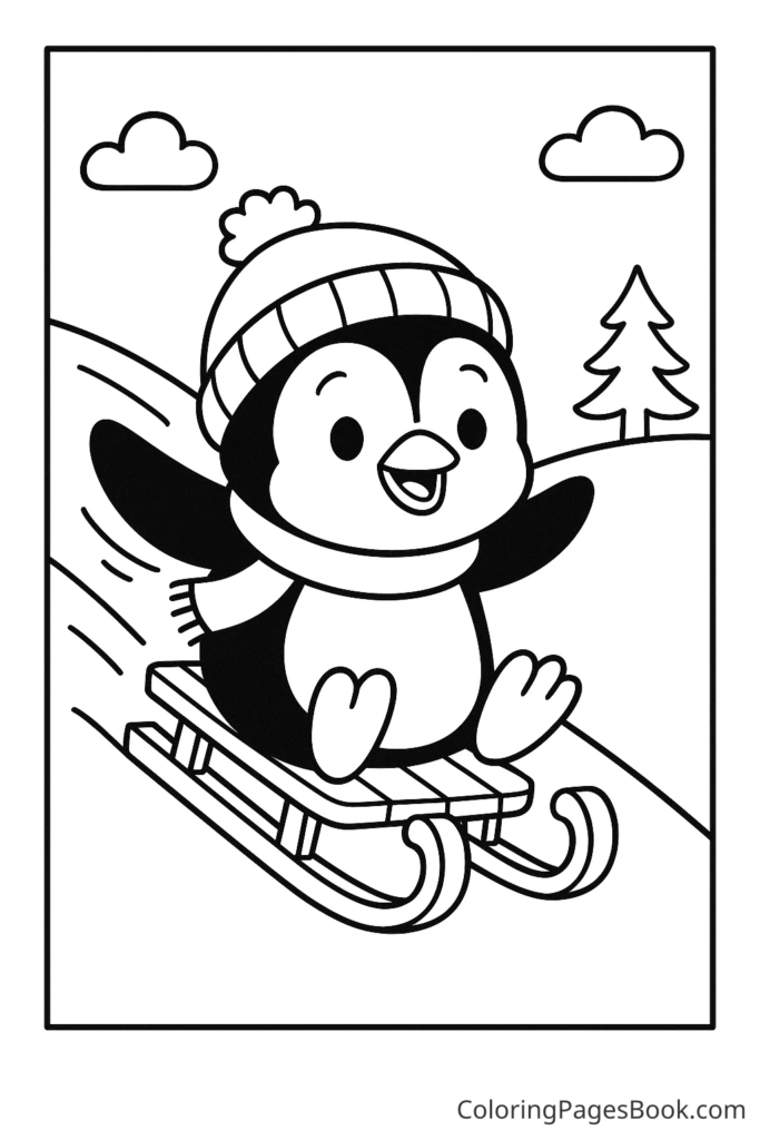 Penguin Sledding Down a Snow Hill