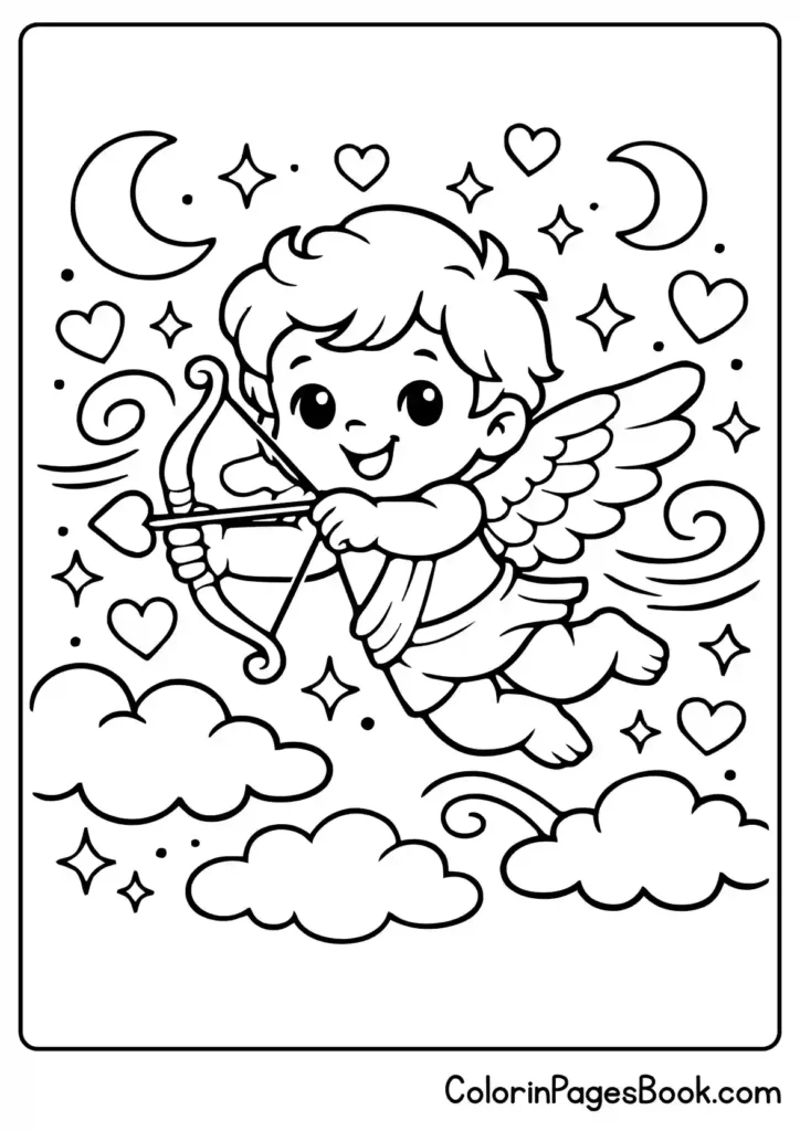 Cupid flying with hearts