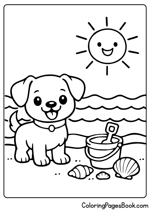 Cute puppy at the beach with sun, sand bucket, and seashells coloring page