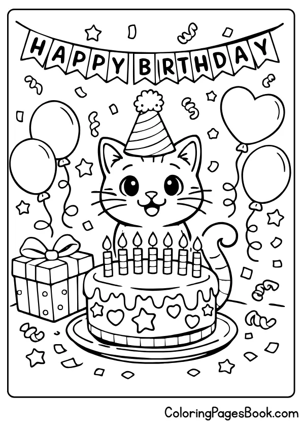 birthday cat with balloons coloring page