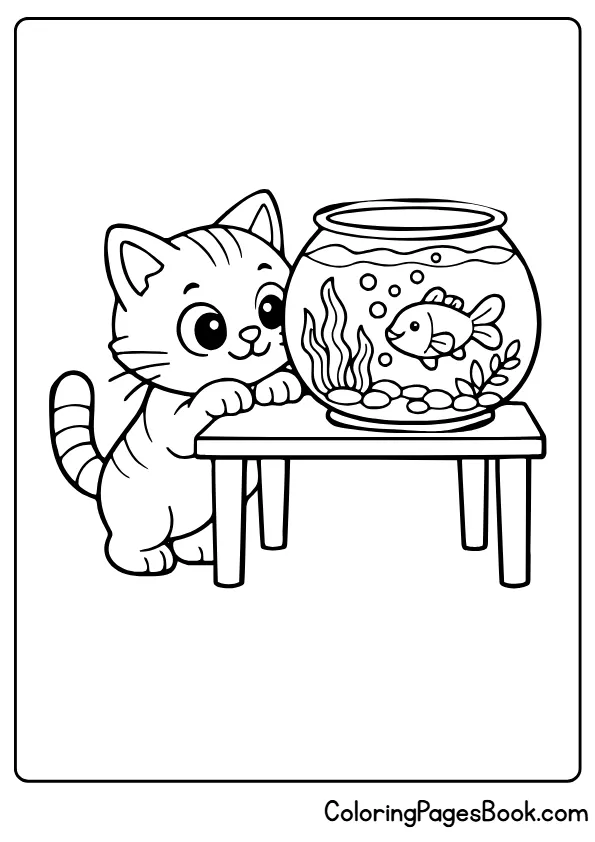 cat and fish bowl coloring page