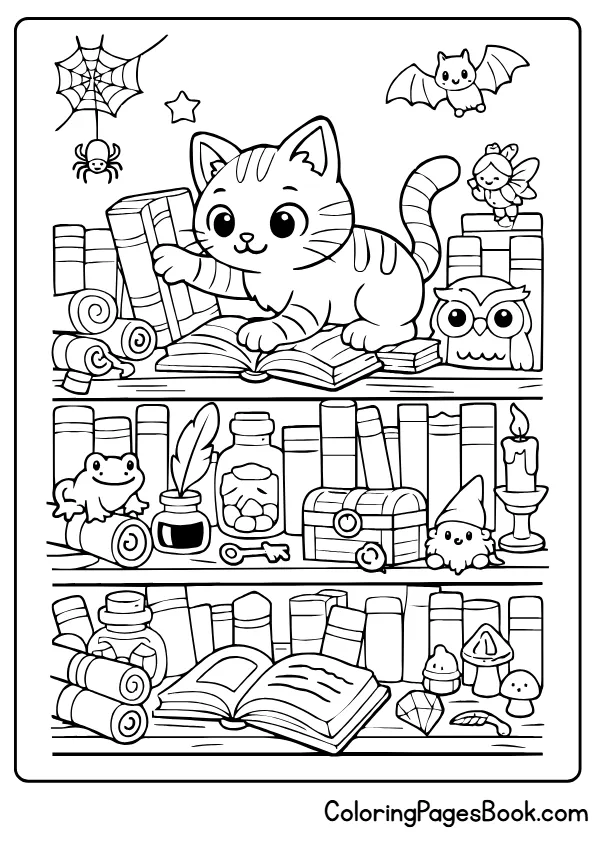 cat on bookshelf coloring page