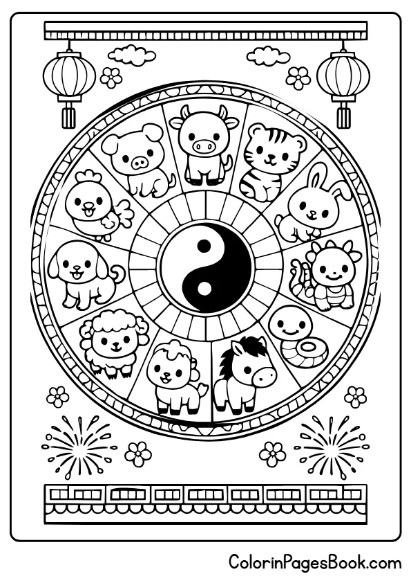 Chinese zodiac wheel coloring page