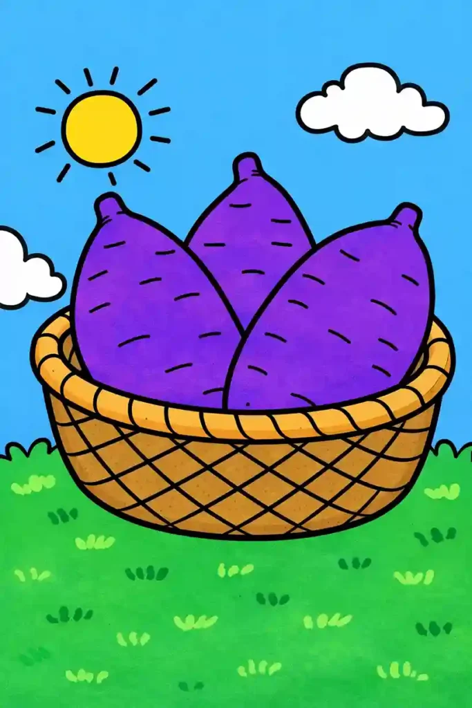 Multiple Colored sweet potatoes in basket simple coloring page