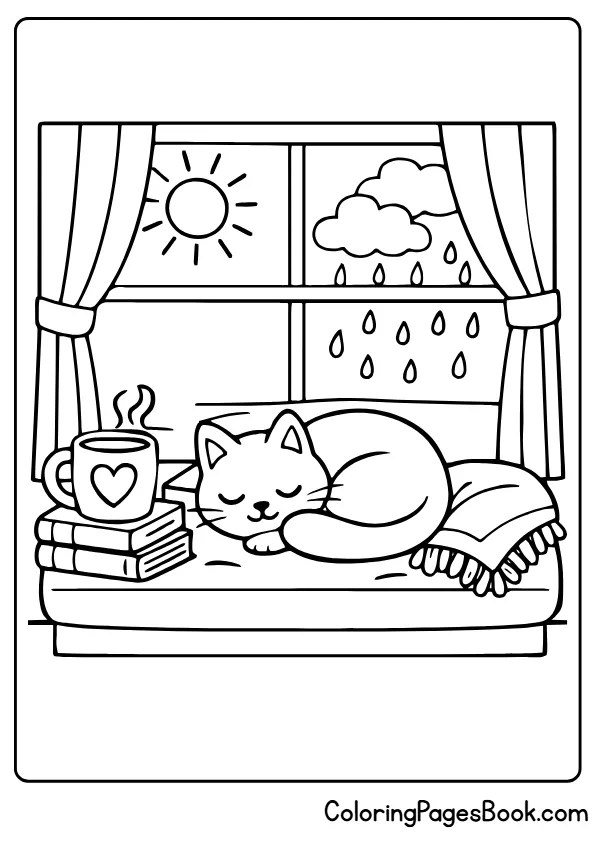 cozy cat reading nook coloring page
