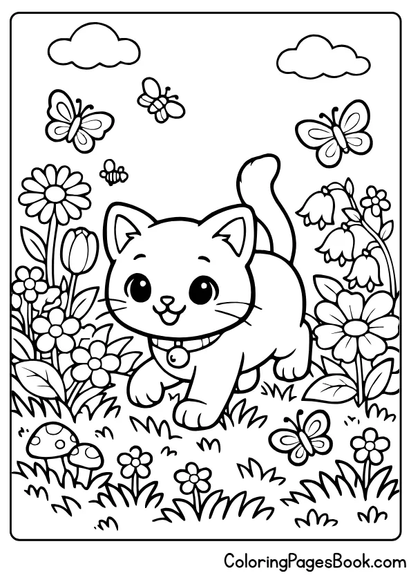curious cat in a flower garden coloring page