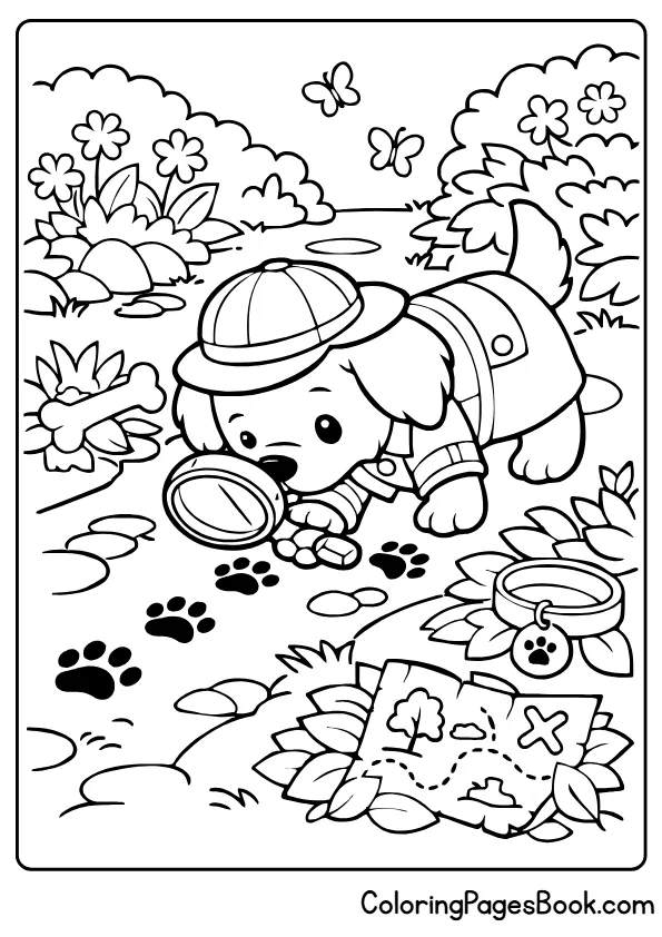 Puppy detective with magnifying glass searching outdoors coloring page