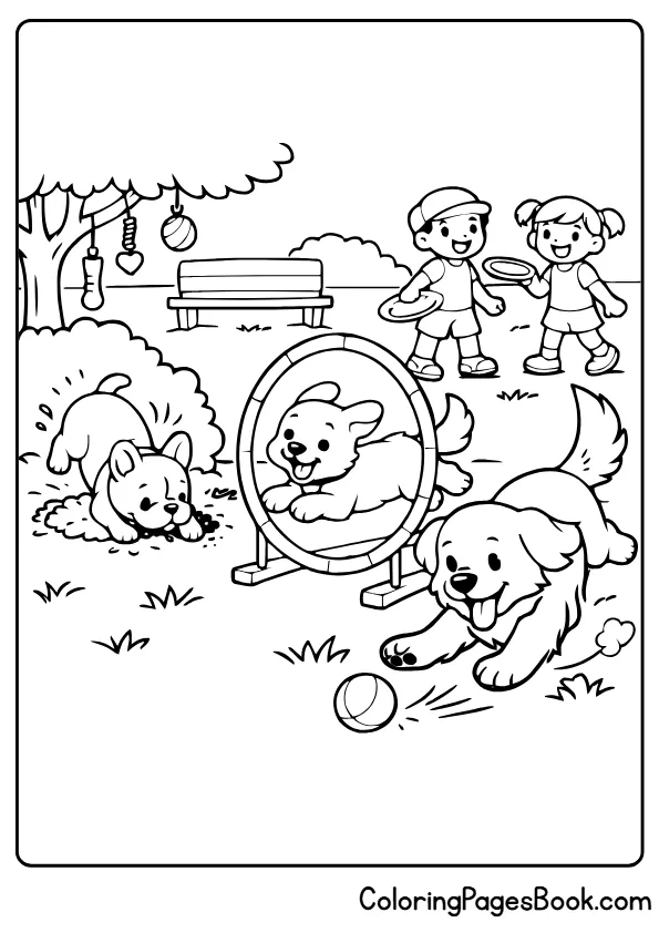 Puppies playing together at the park coloring page