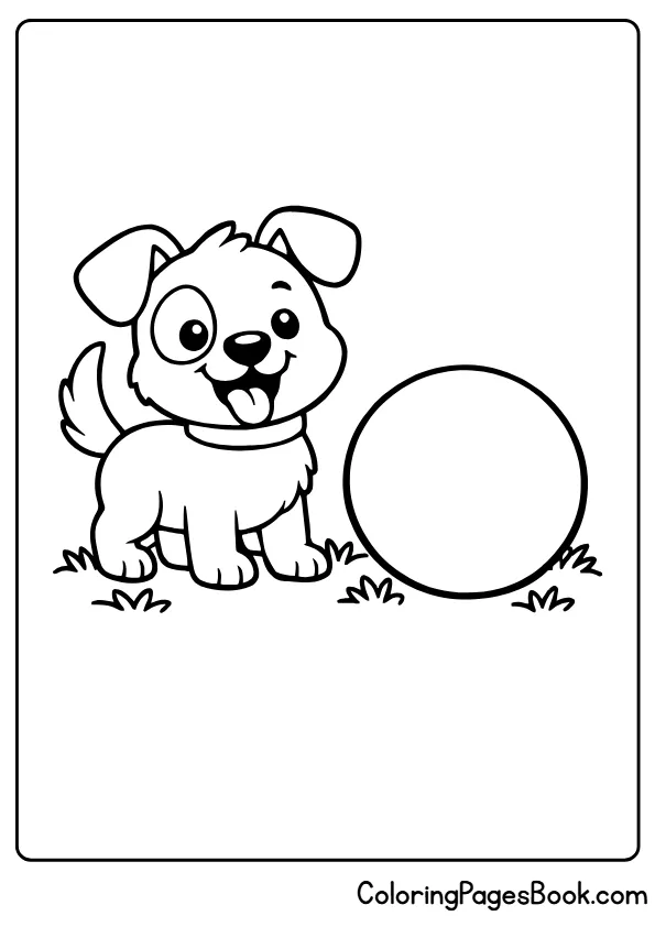 Cute puppy sitting next to large ball coloring page