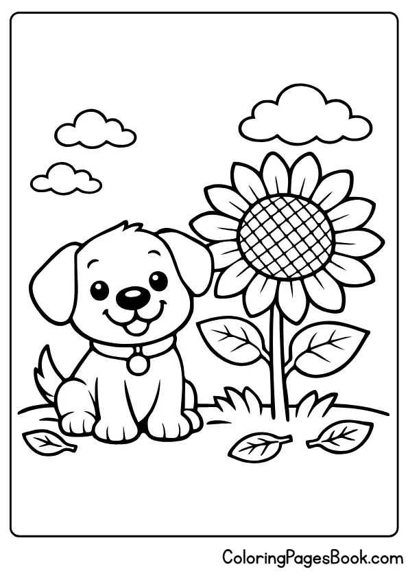 Puppy sitting beside large sunflower coloring page