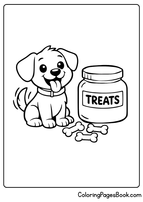 Puppy next to treat jar labeled treats coloring page