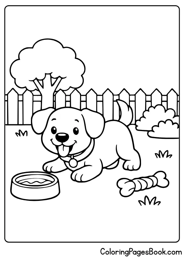 Puppy relaxing in backyard near fence and bowl coloring page