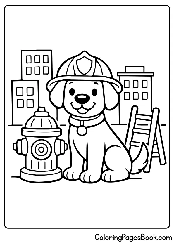 Puppy dressed as firefighter near fire hydrant coloring page
