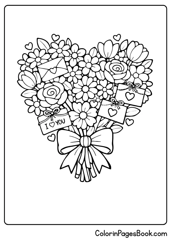 floral heart bouquet coloring page