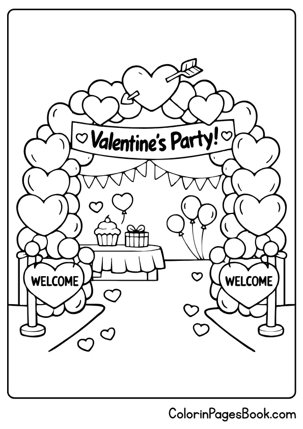 heart balloon arch Valentine coloring page