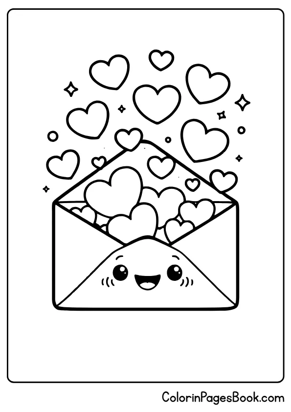 hearts bursting from envelope coloring page