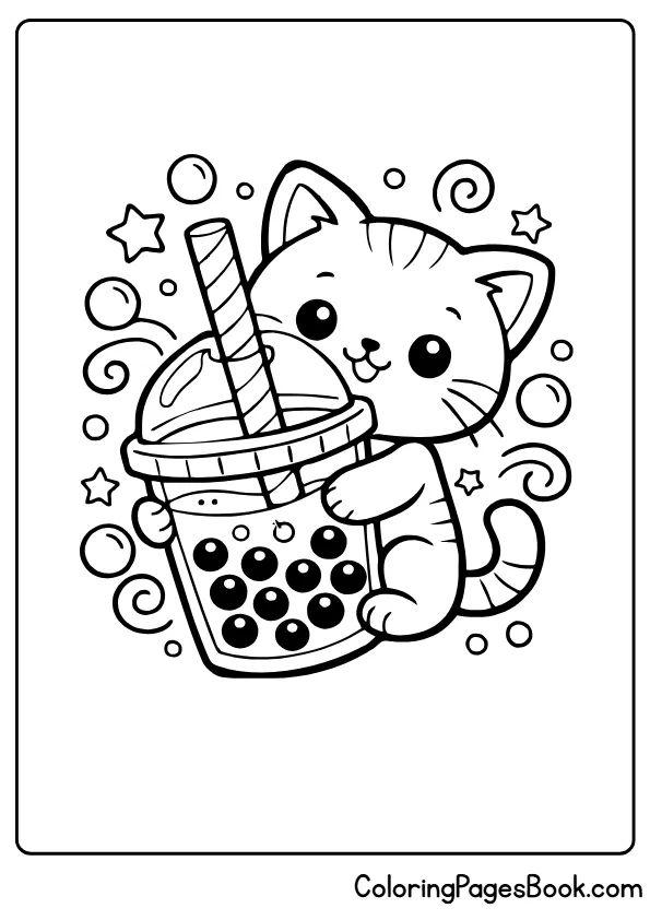 cat drinking bubble tea coloring page