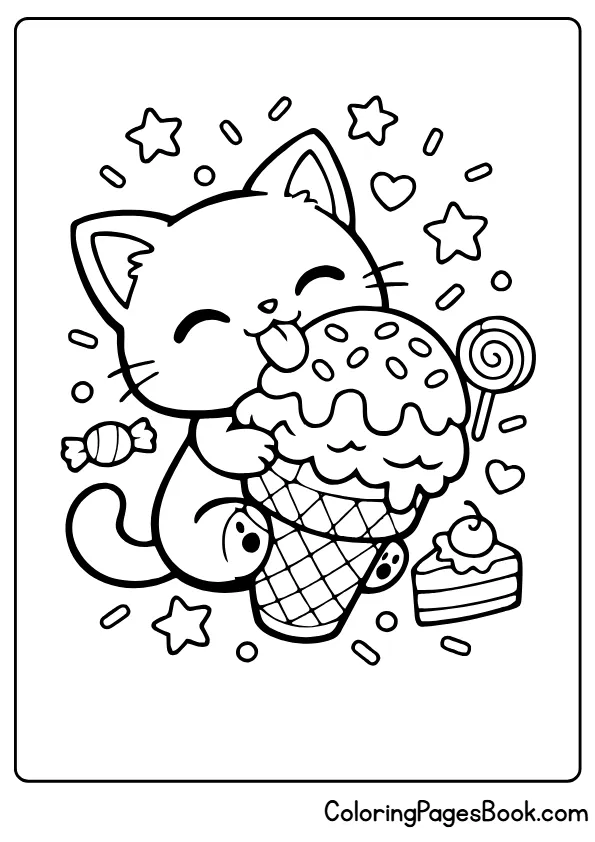 kawaii cat with ice cream coloring page
