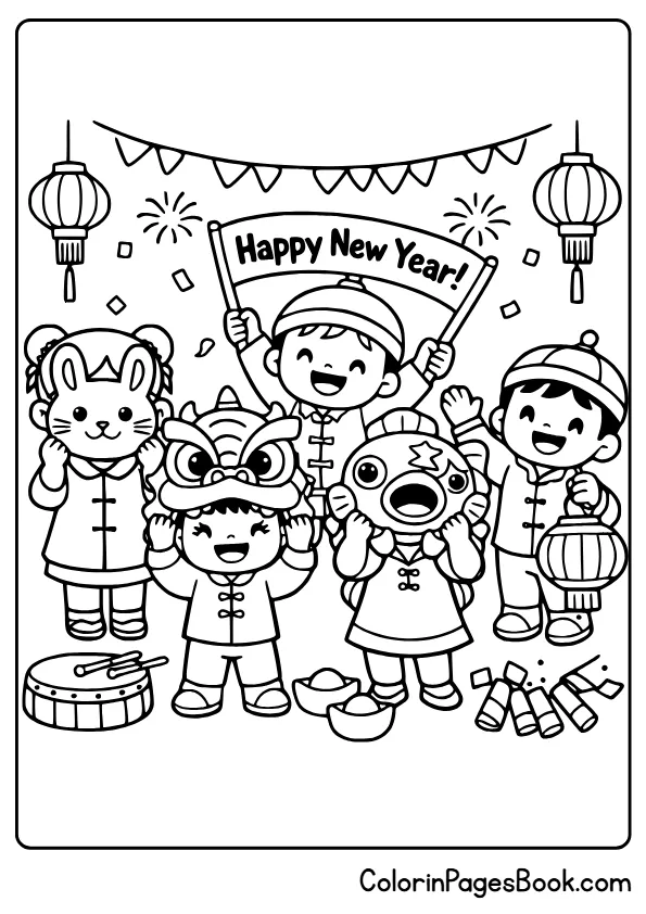 kids celebrating Lunar New Year coloring page