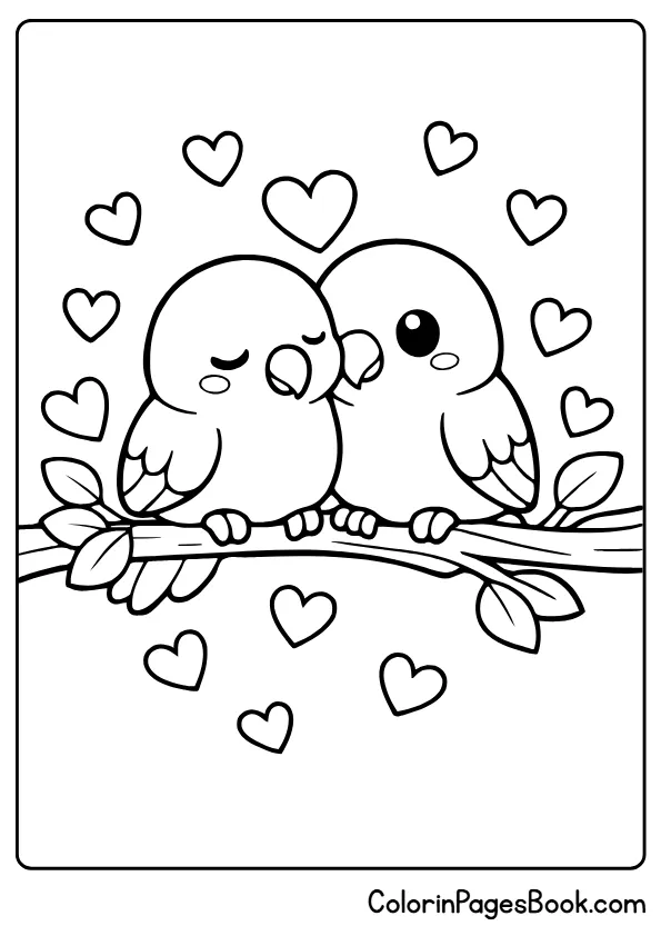 lovebirds on branch Valentine coloring page