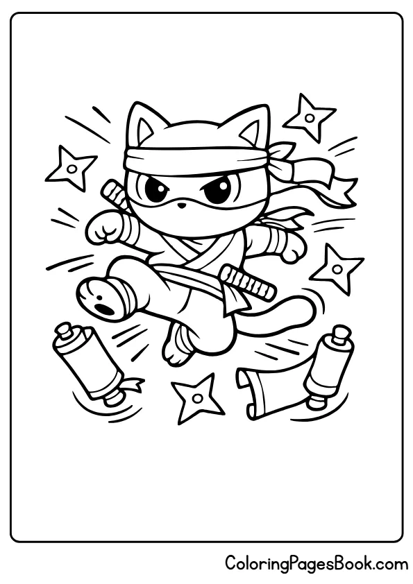 ninja cat action coloring page