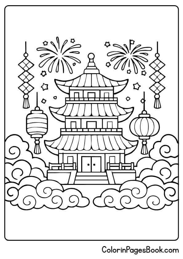 Chinese pagoda New Year coloring page