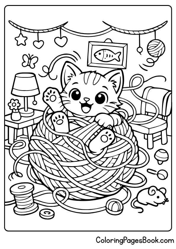 kitten with yarn coloring page