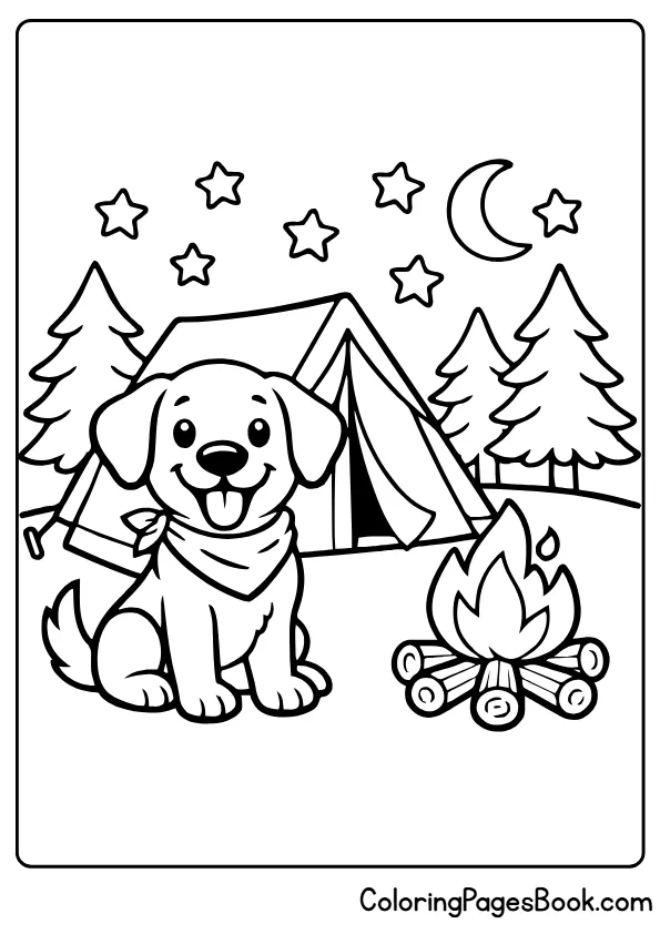 Puppy camping near tent and campfire coloring page