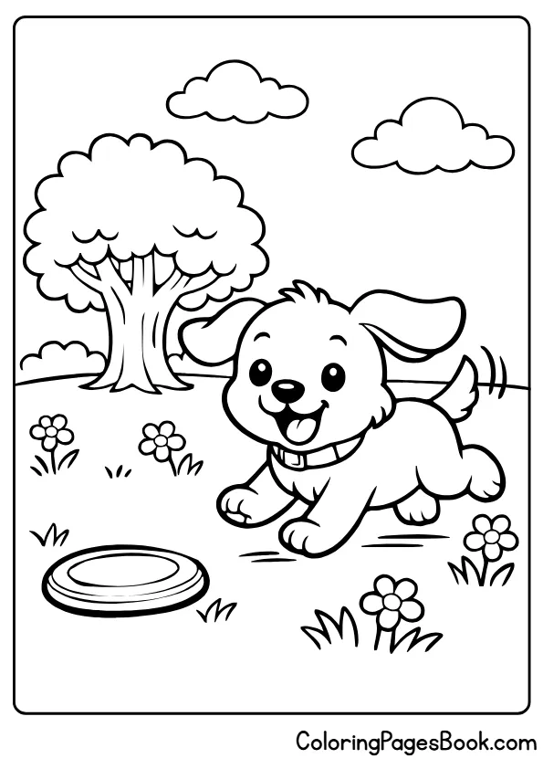 Happy puppy running in park with trees coloring page
