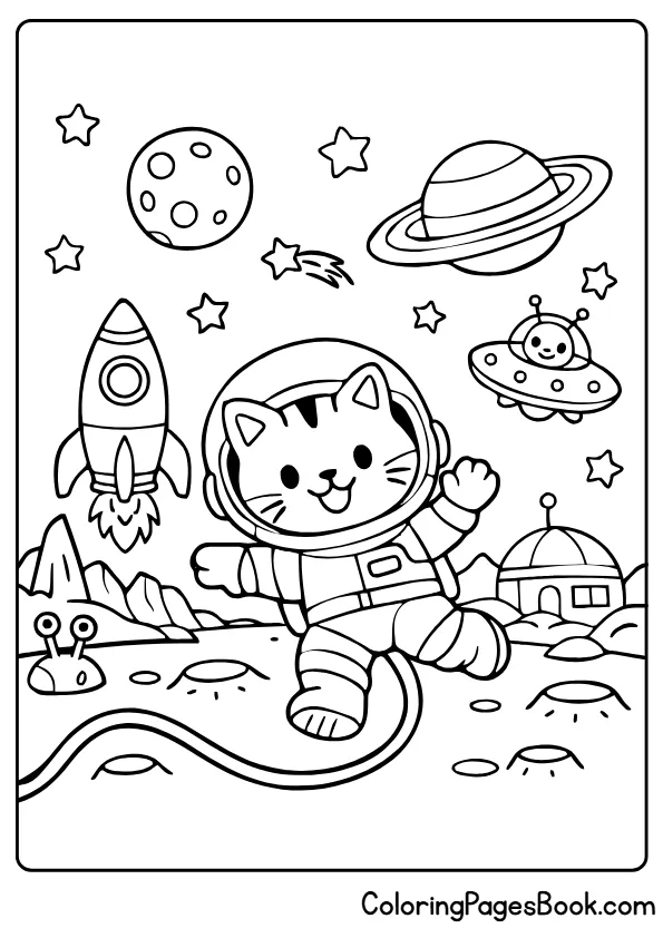 space cat explorer coloring page