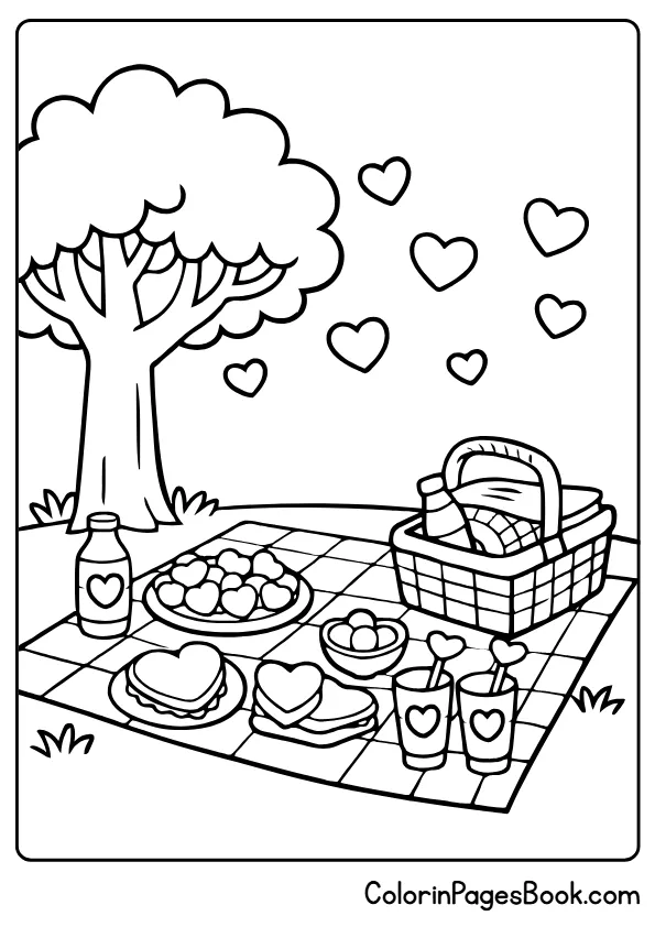 Valentine picnic with hearts coloring page
