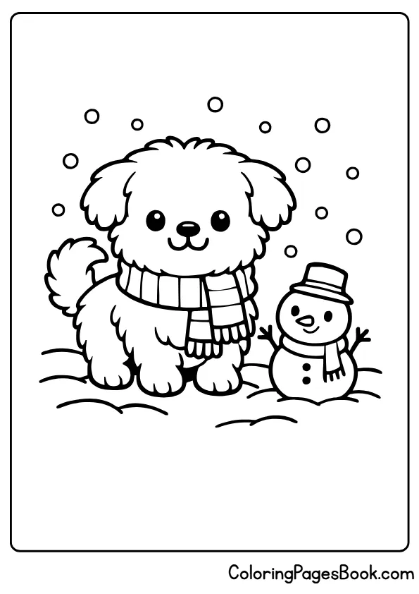 Fluffy puppy wearing scarf in snowy scene coloring page