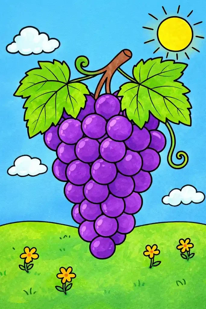 Single Colored bunch of grapes hanging on vine simple fruit coloring page