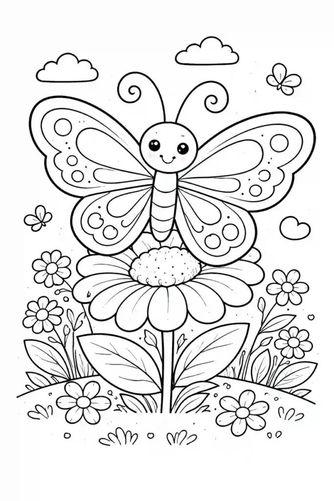 Single butterfly with open wings simple insect coloring page