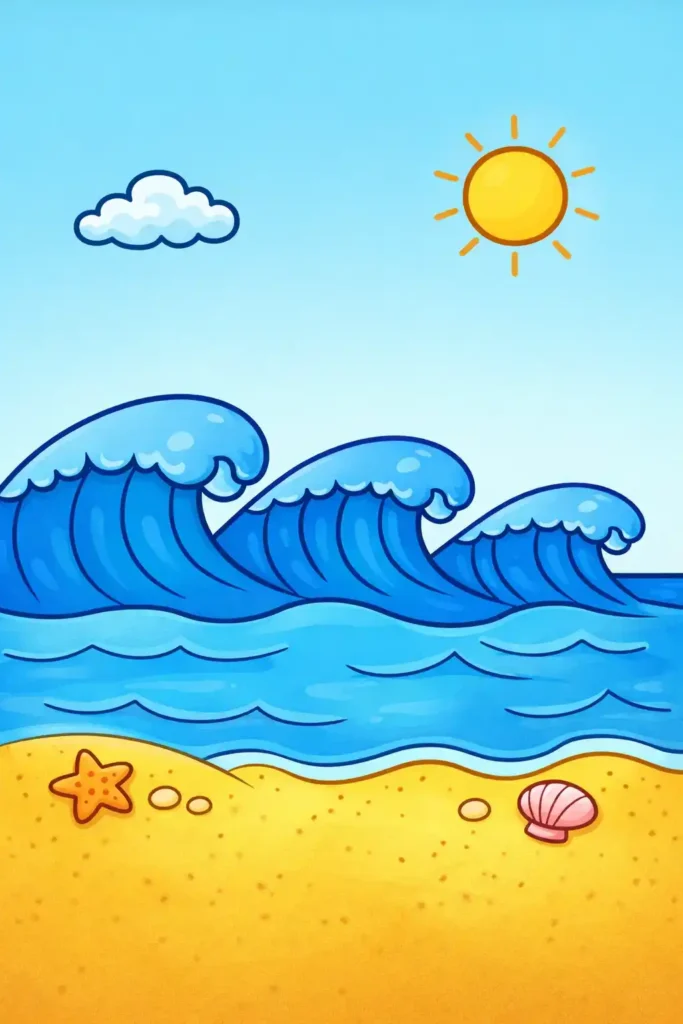Multiple ocean waves simple easy colored coloring page