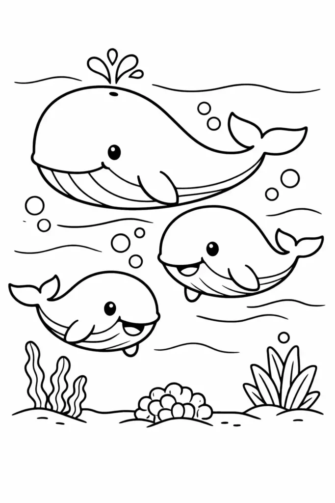 Multiple whales simple easy coloring page
