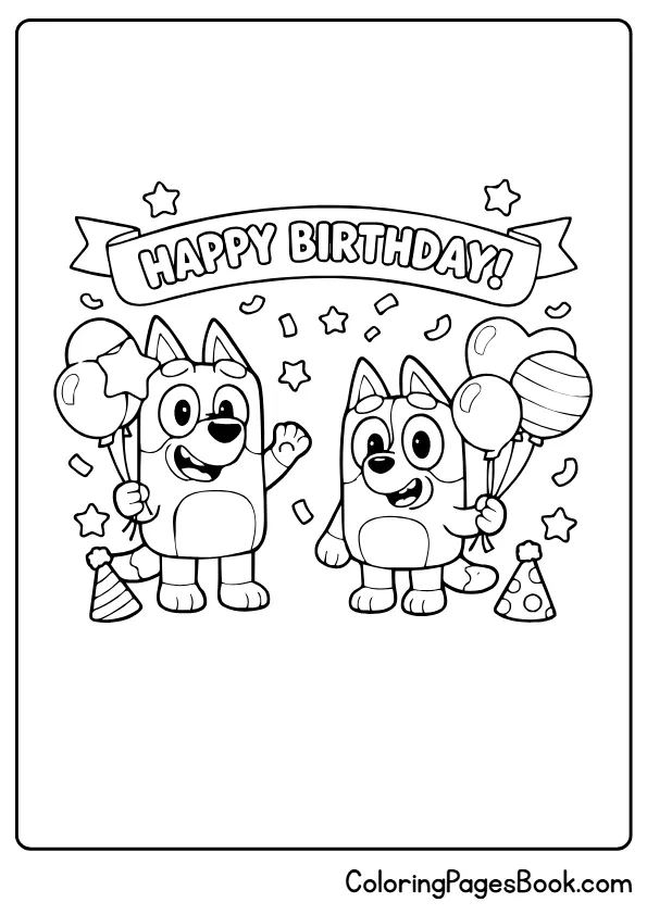 Bluey and Bingo holding balloons coloring page for kids