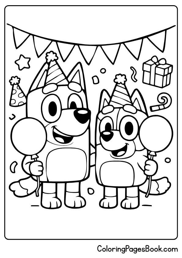 Bluey and Bingo holding balloons birthday coloring sheet for kids