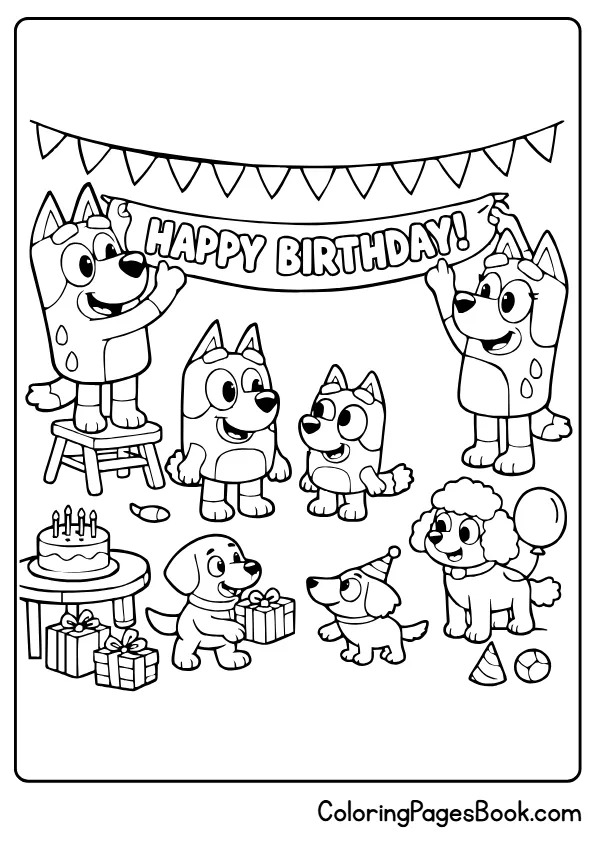 Bluey family with birthday banner and guests coloring sheet