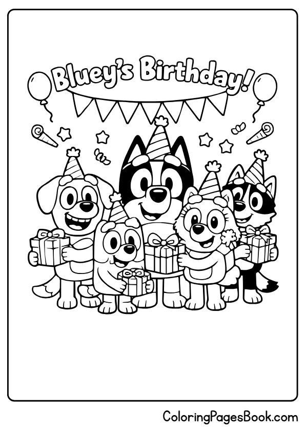 Bluey, Bingo and friends in party hats coloring sheet