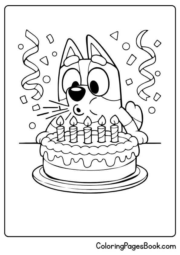 Bluey with birthday cake and candles coloring sheet for children
