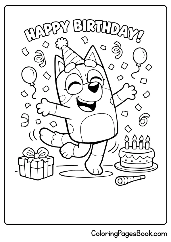 Bluey twirling in confetti birthday coloring sheet