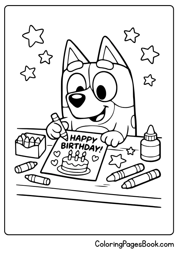 Bluey making birthday card coloring sheet for kids