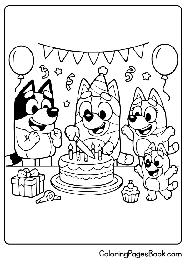 Bluey with family cutting birthday cake coloring sheet