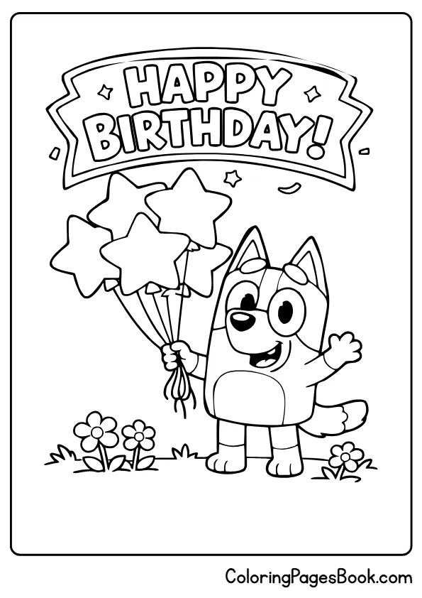 Bluey with star balloons and happy birthday sign coloring sheet