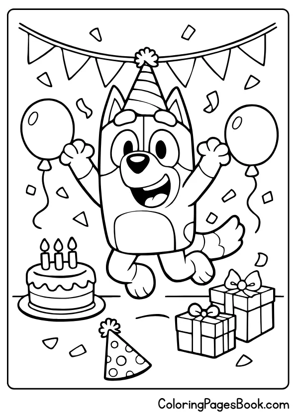 Excited Bluey jumping with birthday hat coloring sheet