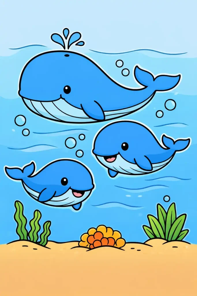 Multiple Colored whales simple easy coloring page