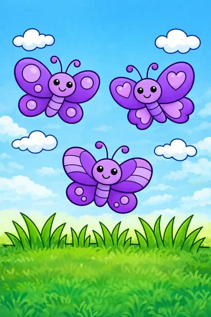 Three Colored butterflies flying in sky simple nature coloring page