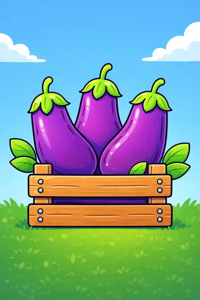 Three Colored eggplants in crate simple vegetable coloring page